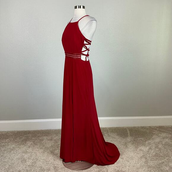 Red Backless Evening Gown Size 10 Nightway Cut Out Thigh Slit Long Formal Dress - Picture 5 of 13
